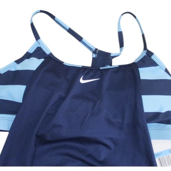 Nike Women’s Baby Blue Navy Statement Stripe Layered Tankini Swim Top NWT - Picture 3 of 8